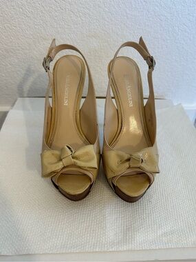 E. Zaccagnini Beige Open-Toe Slingback Heels with Bow